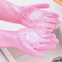 1 pair silicone dish washing gloves rubber household cleaning gloves with brush kitchen bathroom scrubber