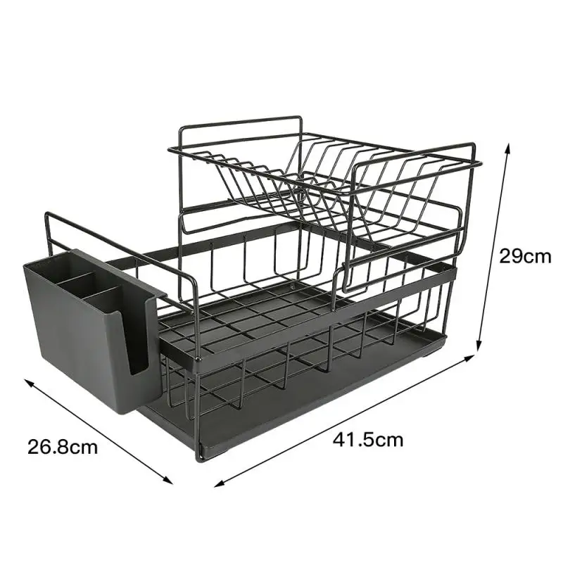 

41.5 * 26.8 * 29cm With Drip Tray Dish Storage Drain Rack Dish Drying Rack 2 Layers Iron Tableware Storage Box Kitchen Tool HWC