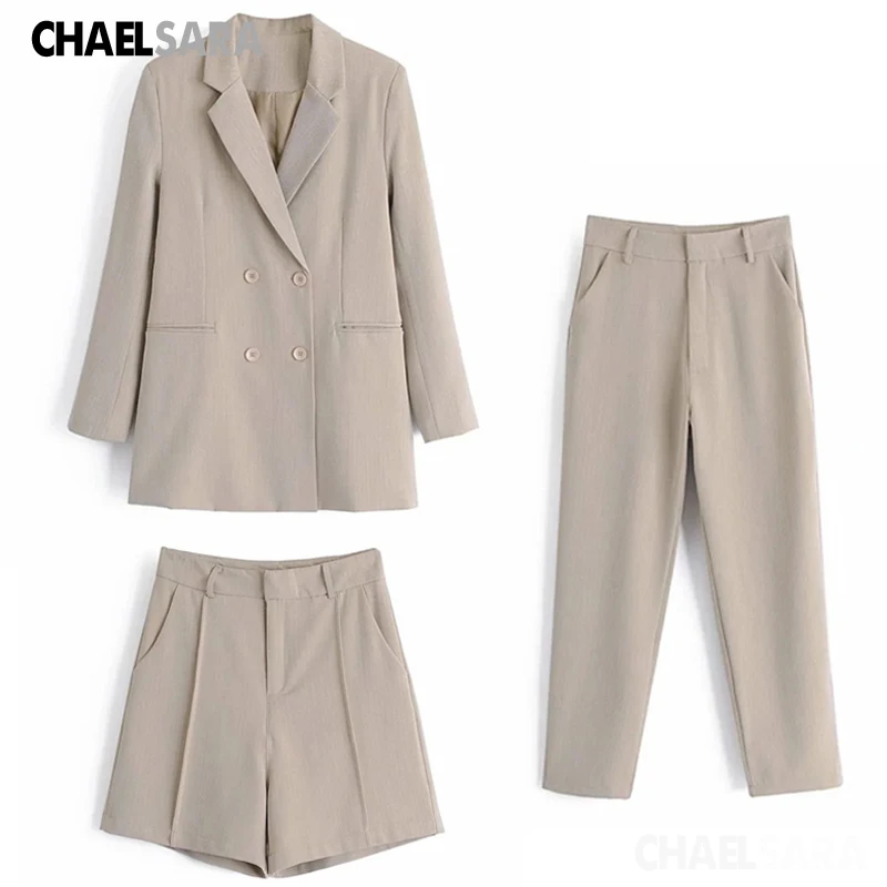 Spring Autumn Women Khaki Office 2 Pieces Set  Blazer Jacket Coat+Pencil Pant Suits Female Casual Outfits