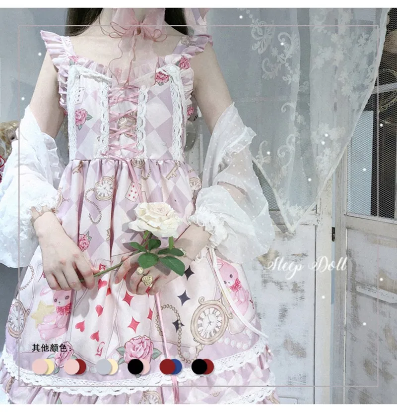 

Платье принцессы на бретельках для чайной вечеринки, милое платье в викторианском стиле с кружевным бантом и милым принтом, кавайное платье...