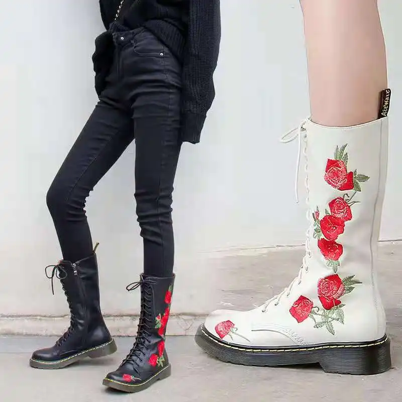 

Ботинки женские кожаные, до середины икры, с вышивкой в виде роз, черные и белые, Осень-зима, 2021