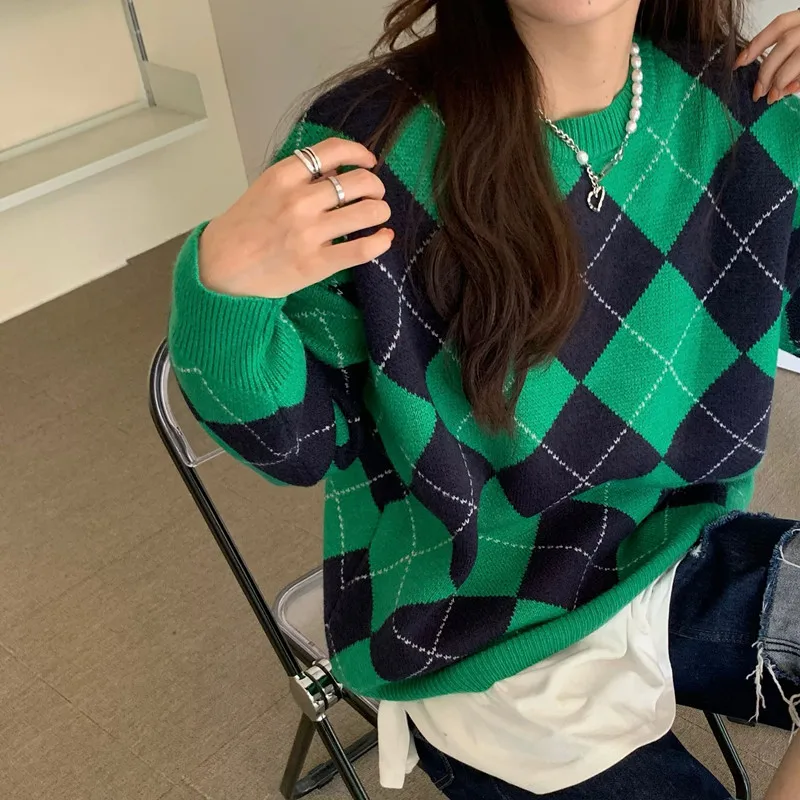 

2021 Autumn Winter Vintage Green Plaid Sweater Women's Thick Warm Sweaters and Pullovers Female Outwear Tops(A0906)