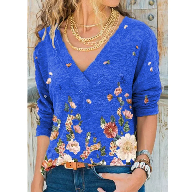 

Elegant V-Neck Women Autumn Fashion Long Sleeve Pullover Tops T Shirt Womn Vintage Floral Print Lady T-Shirt Ropa Mujer