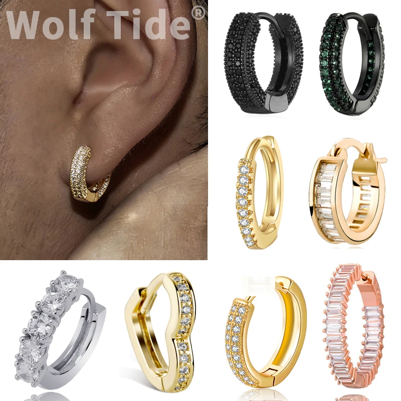

Wolftide White Gold CZ Stone Cubic Zirconia Huggie Hoop Earrings for Men Women Hip Hop Iced Out Circle Ear Jewelry Accessories