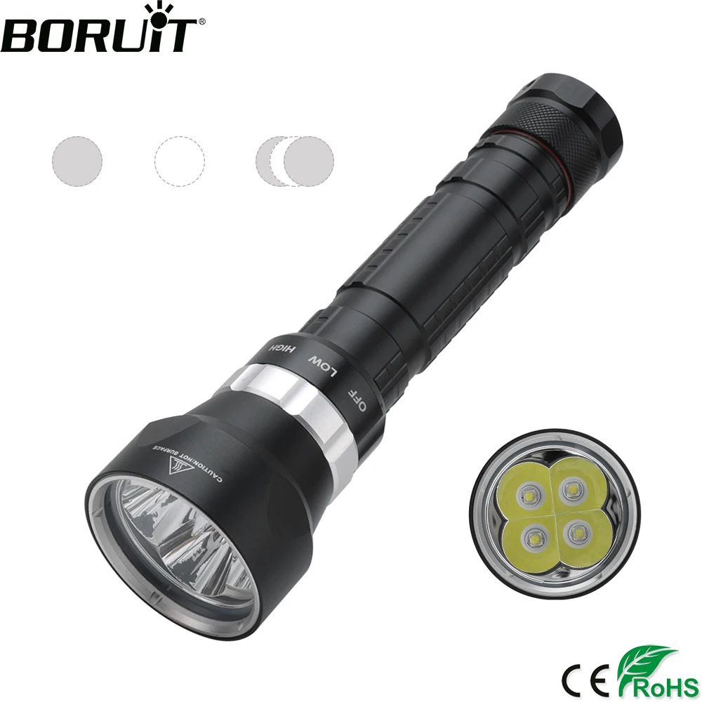 

BORUiT DX4 4*XM-L2 LED Scuba Diving Flashlight 3000LM 3-Mode IP68 Underwater 50M Torches 18650 26650 Dive Lamp Submarine Lantern