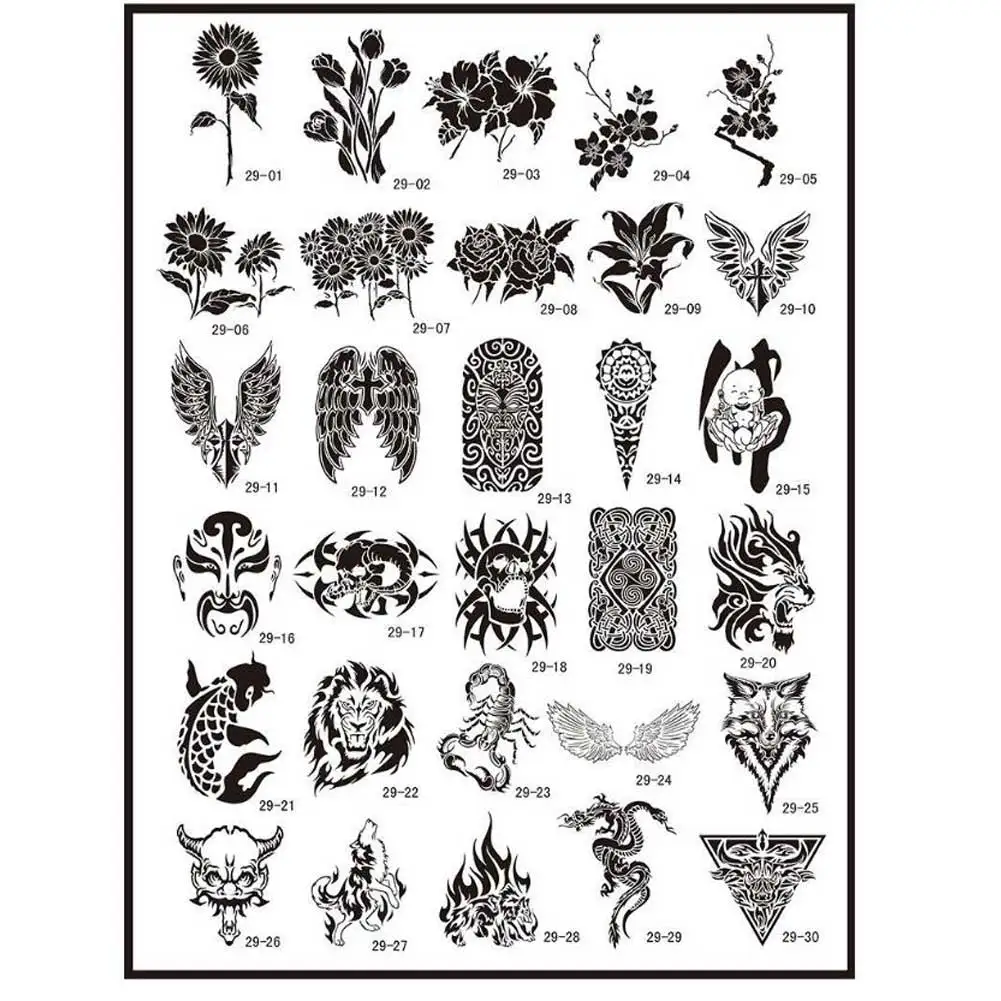 

30pc PVC Stencil Profession Temporary Tattoo Stencil Portable Reusable Tattoo Airbrush Templates Whole Body Use Tattoo Accessory