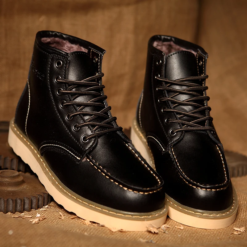 

New Fashion Black Cow Leather Men Ankle Boots Casual Platform Men Work Shoes High Quality Warm Men Winter Fur Boots botas hombre