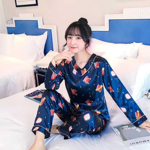 C Q 897 lan Осенняя Шелковая пижама с длинным рукавом для женщин pijama mujer, милый пижамный комплект с мультяшным принтом, домашняя одежда, длинные штаны, сексуальные пижамы - Цвет: C Q 897 lan