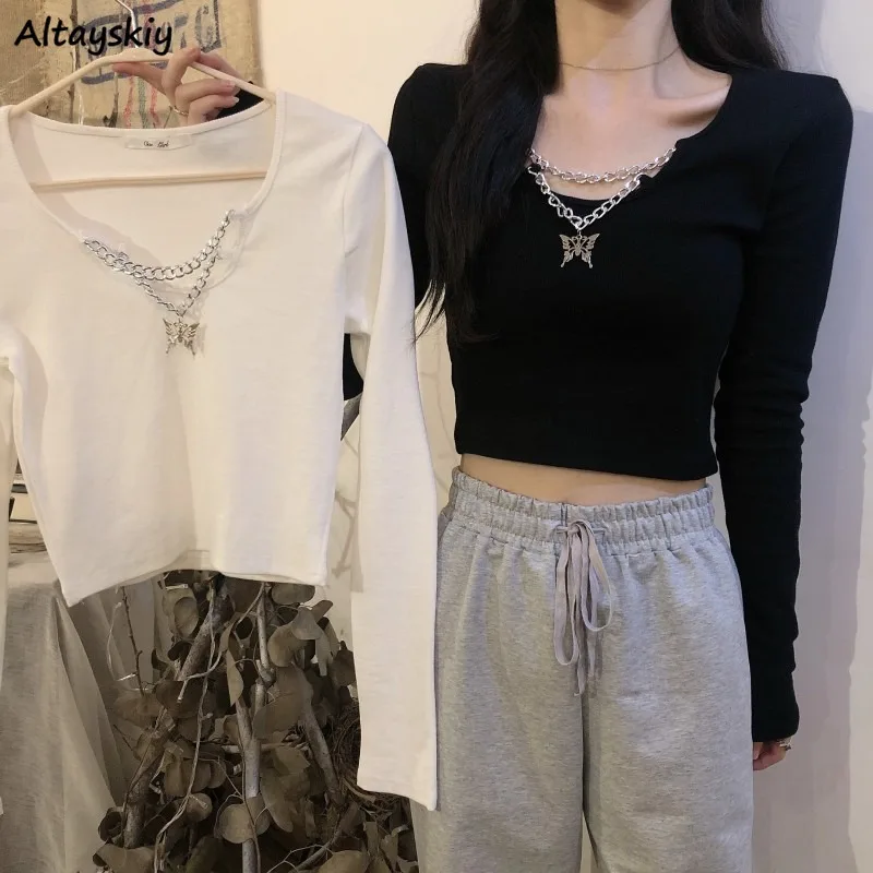

T-shirts Women Long Sleeves Butterfly Chains High Street Cropped Tops Ulzzang Design Slim Students White Undershirts Versatile