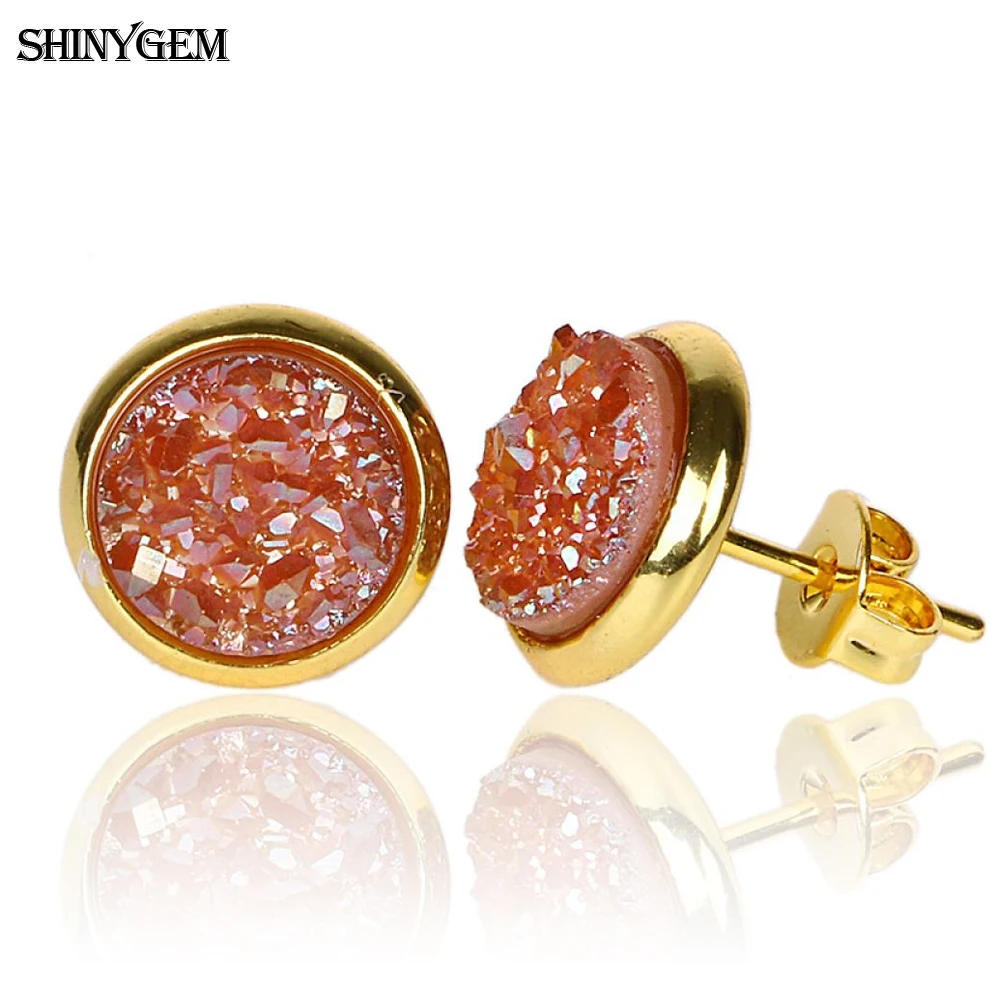 

ShinyGem 8mm Round Natural Crystal Druzy Stud Earrings Charm Gold Plating Sparkling Small Geode Gem Stone Earring For Women Gift