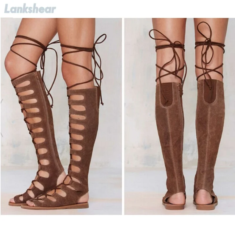 

woman boots open toe lace up knee high cross tied roman peep toe cut outs zipper summer sandals gladiator flat brown long boots