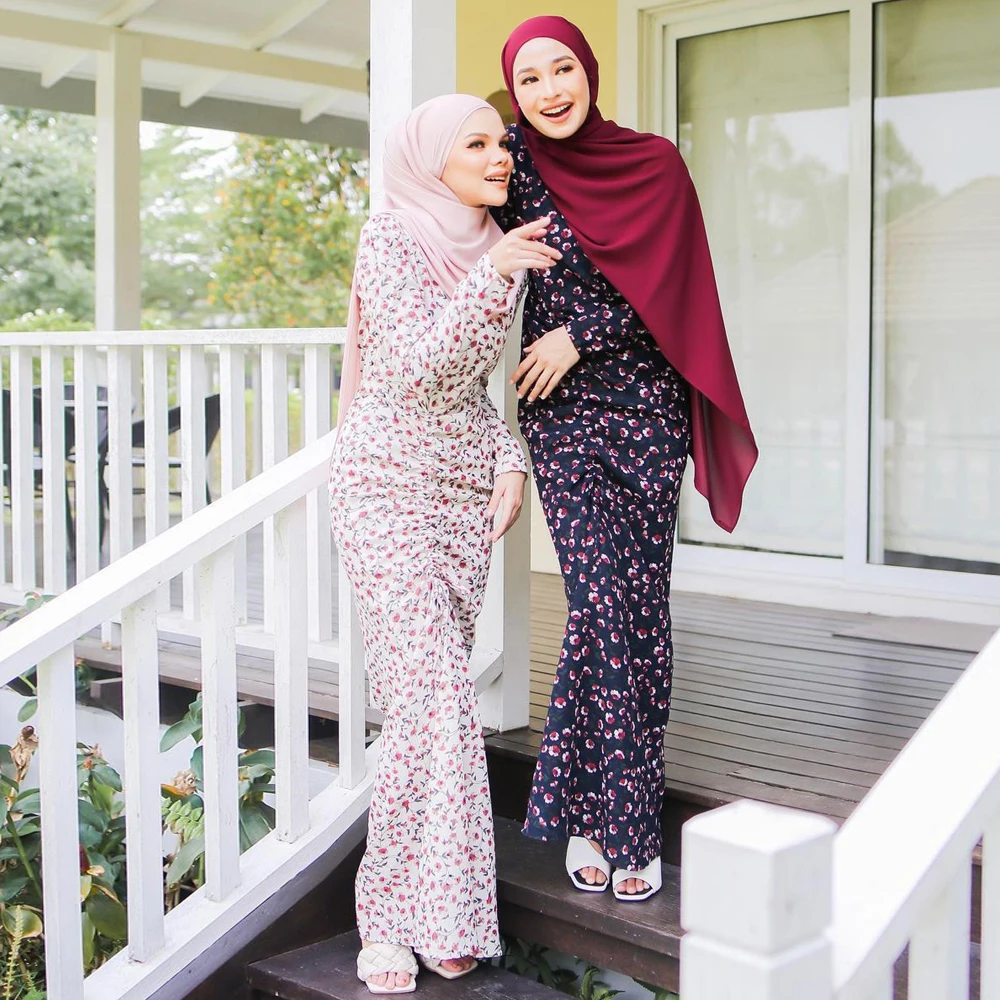 Женское облегающее платье, шифоновое макси-платье с цветочным принтом, длинным рукавом, мусульманская одежда, Дубай, Турция