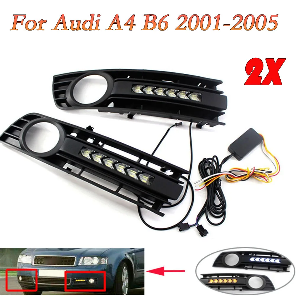 

2X Car Front Fog Light Grille Flowing LED Daytime Running Light Turn Signal Light For Audi A4 B6 2001 2002 2003 2004 2005