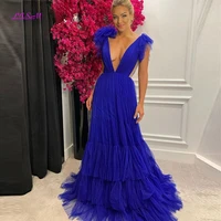 sexy backless deep v neck prom dresses long royal blue tiered skirt tulle evening gowns formal special occasion dress