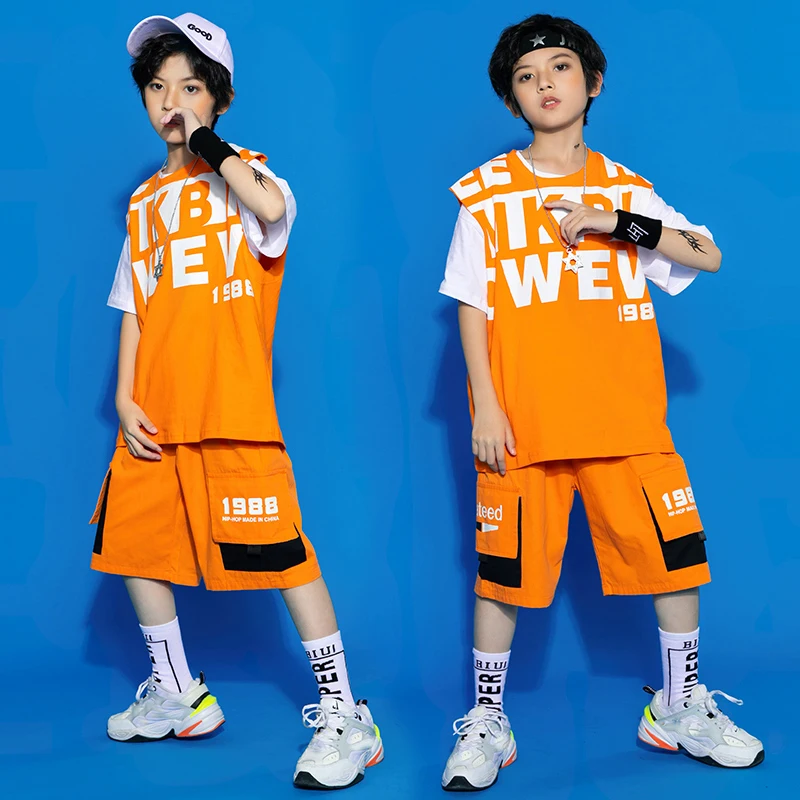 

Детские джазовые танцевальные костюмы в стиле хип-хоп, топ с коротким рукавом, оранжевые шорты для мальчиков, одежда для уличных танцев, сце...