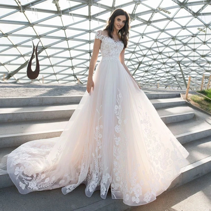 

HAMMAH Charming Scoop Neck Appliques Pearls Cap Sleeve Wedding Dress Formal Occasion Appliques Vestido De Novia New Hot Sale