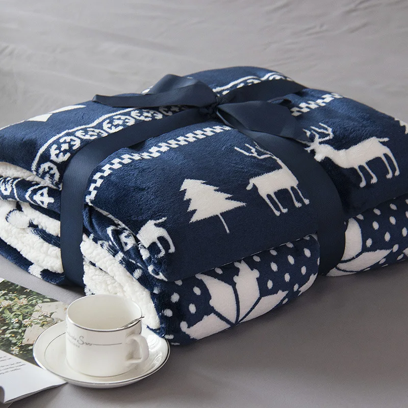 

Merry Christmas Elk Blanket Flannel Throw Blankets For Beds Double Layer Winter Comfort Cotton Coral Fleece Blanket Dropshipping