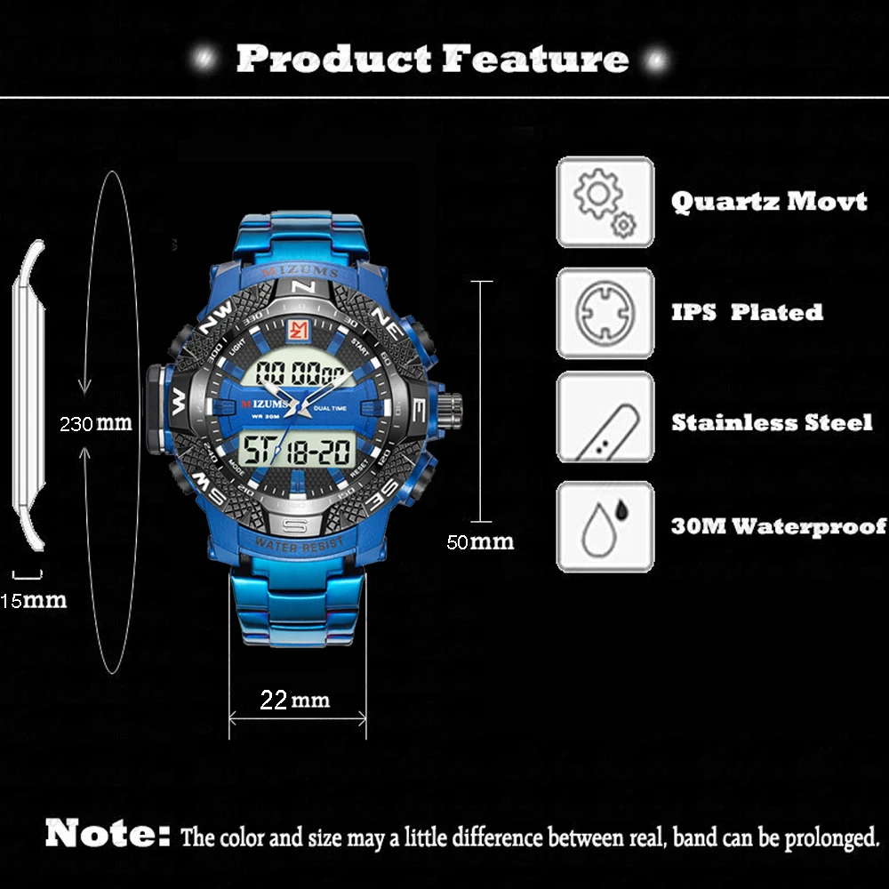 50 мм крутой большой Чехол Мужские часы Mizums Топ люксовый бренд спортивные мужские