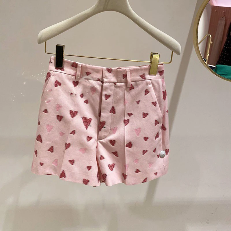 

Женские шорты с вышивкой в виде сердечек, прямые повседневные шорты с высокой талией, лето 2021