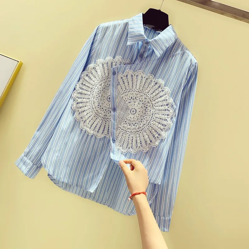 

New Women Striped Asymmetrical Button Up Blouses Appliques Spring Loose Fit Office Ladies Top Vintage Long Sleeve Elegant Shirts