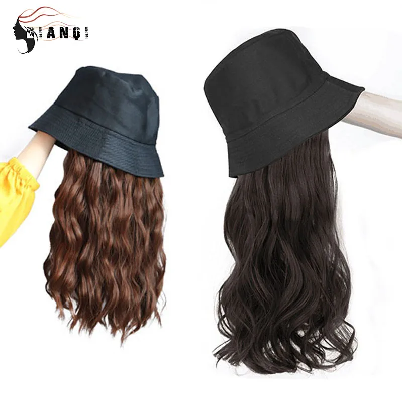 DIANQI synthetic wig for women,natural wavy black / brown hair,connection with black fisherman hat, no adjustable for girls