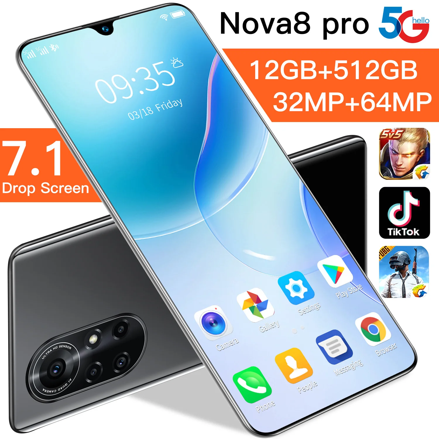 

Global Version Nova8pro 7.1" Smartphone Full Screen 6800MAh 12+512GB 32+64MP Dual SIM Dual Standby With GPS 5G Mobile Phone