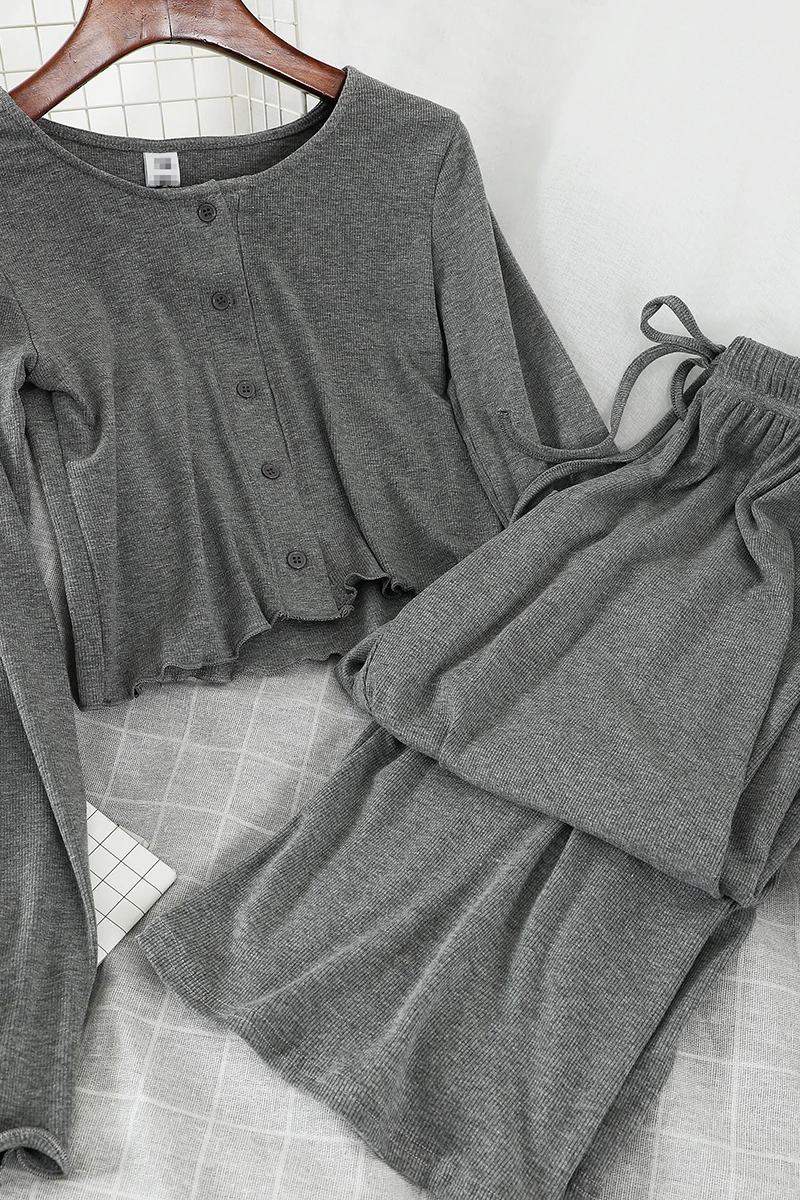 

Korean Chic 2020 Women 2 Piece Set Suit Elegant Round Neck Single Breasted Short Tops + Lace Up High Waist Pants Ladies 2pcs Set