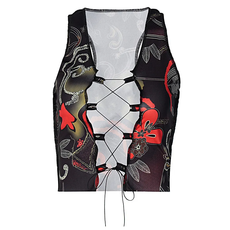 

Europe and The United States Autumn and Winter 2020 Women's Wear Chest Hollow Lace Up Print Vest Y2k Tops Tank Top Sexy Blouse