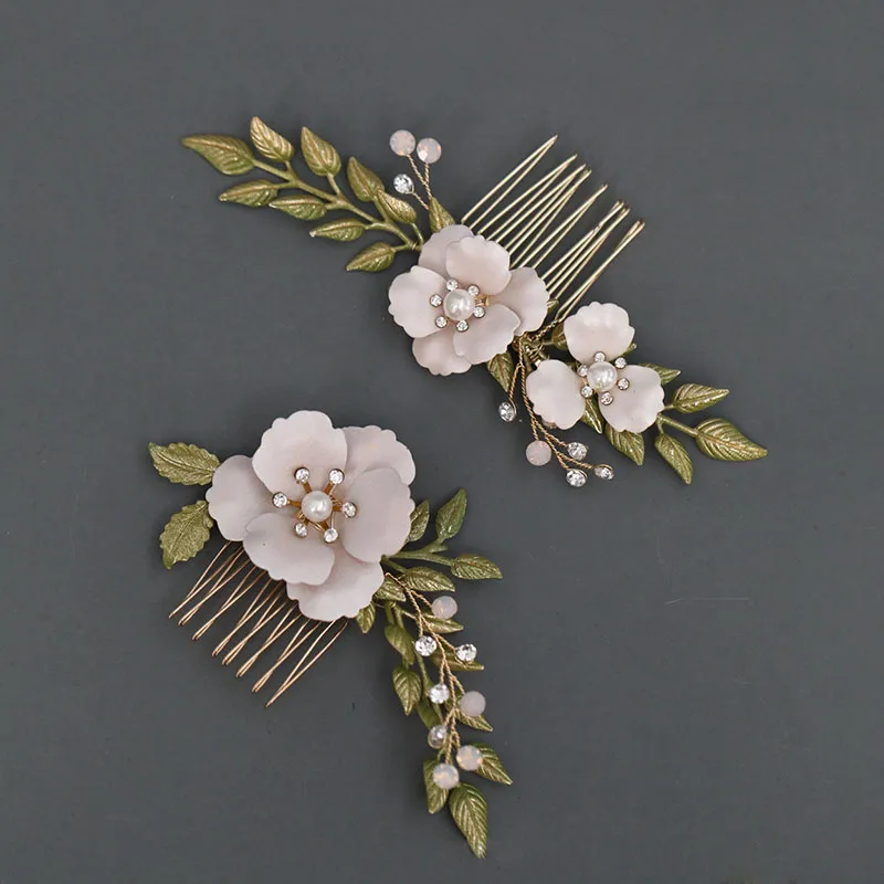 

SLBRIDA Ins Style Alloy Green Leaf Crystal Rhinestone Pearls Bridal Hair Comb Wedding Headdress Hair Accessories Women Jewelry