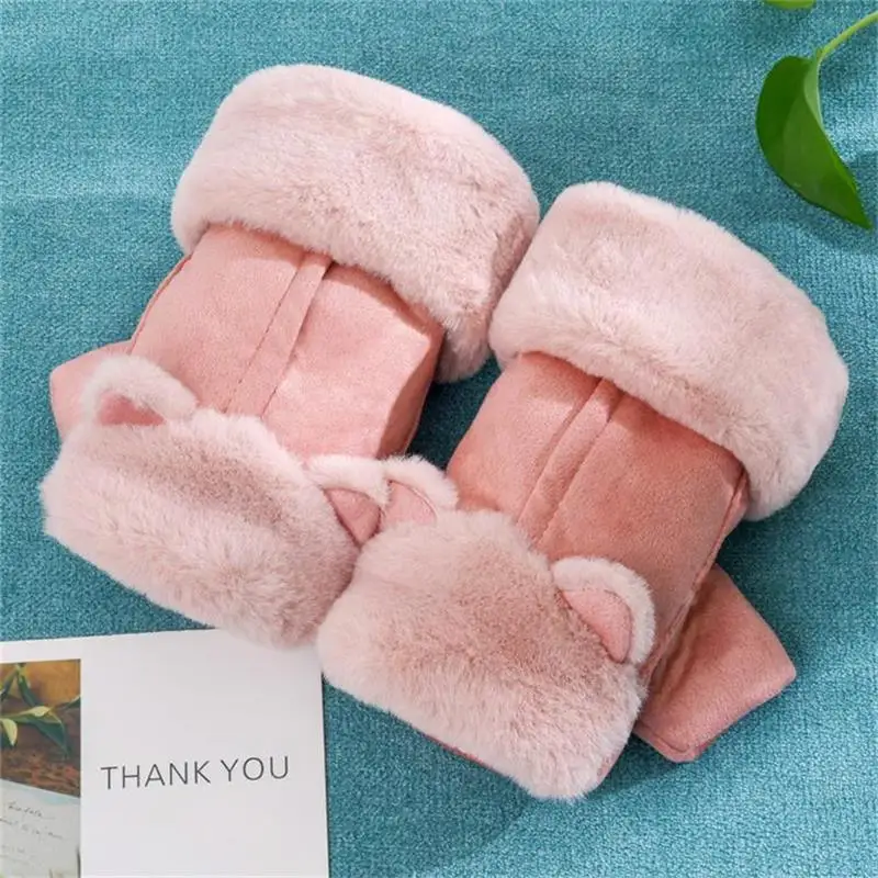 Pink Dilidala, милые перчатки с кошачьими ушками на пол пальца, студенческие зимние теплые и удобные милые плюшевые флисовые Мультяшные толстые бархатные перчатки - Цвет: Pink