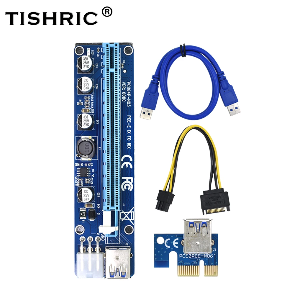 10 шт. TISHRIC 2021 PCIE PCI-E Райзер 008C карта gpu PCI E X16 Express 6Pin на SATA 1X 16X USB3.0 удлинитель