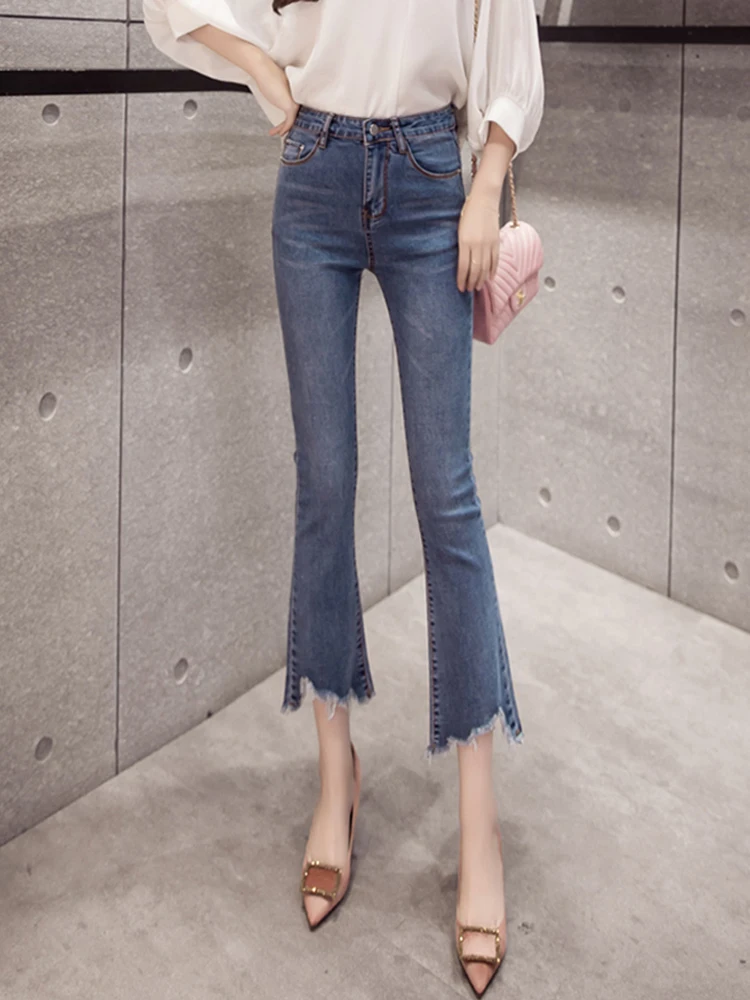 

Женские джинсы 2021 Новинка весны осень высокая талия длиной до щиколотки джинсовые штаны джинсовый расклешенный отверстие для дам светильн...