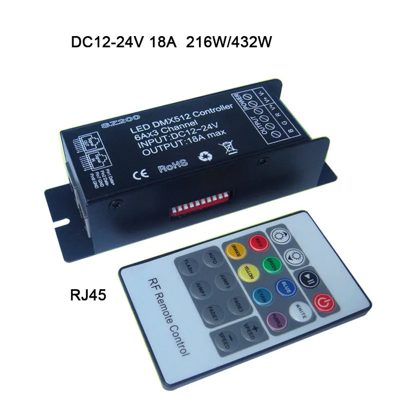 DMX512 декодер DC12 24V 6A * 3 канала 18A светодиодный контроллер 20 клавиш беспроводной
