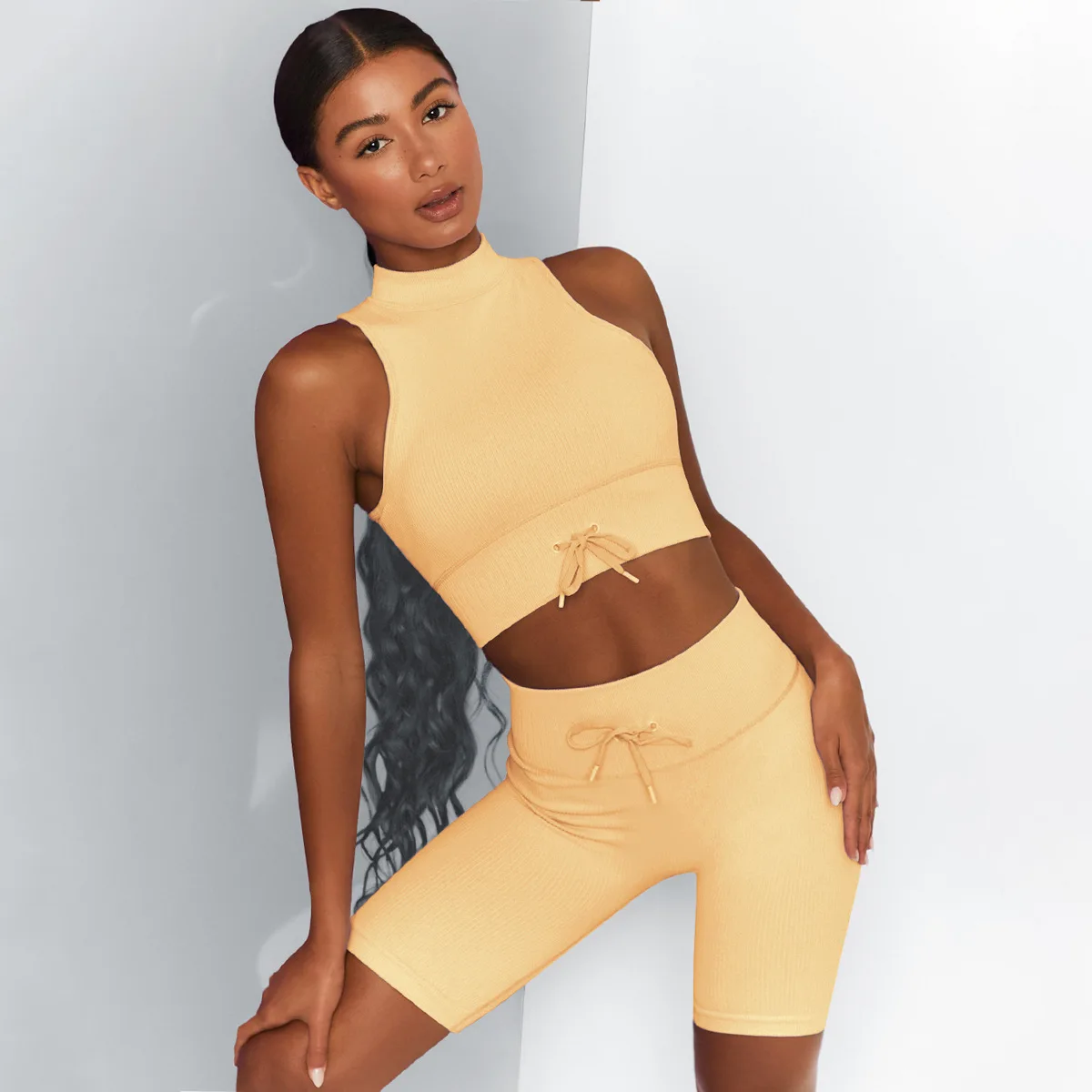 

Solid Fitness High Neck Vest Hip Shorts Yoga Suit Yoga Set Workout Sports Bra Trening Women Set Training Women