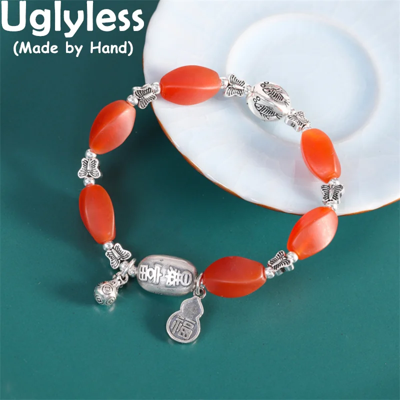 

Uglyless Elastic Rope Antique Natural Agate Bracelets Women Retro 925 Thai Silver Ethnic Bracelet Olive Faceted Gemstone Jewelry