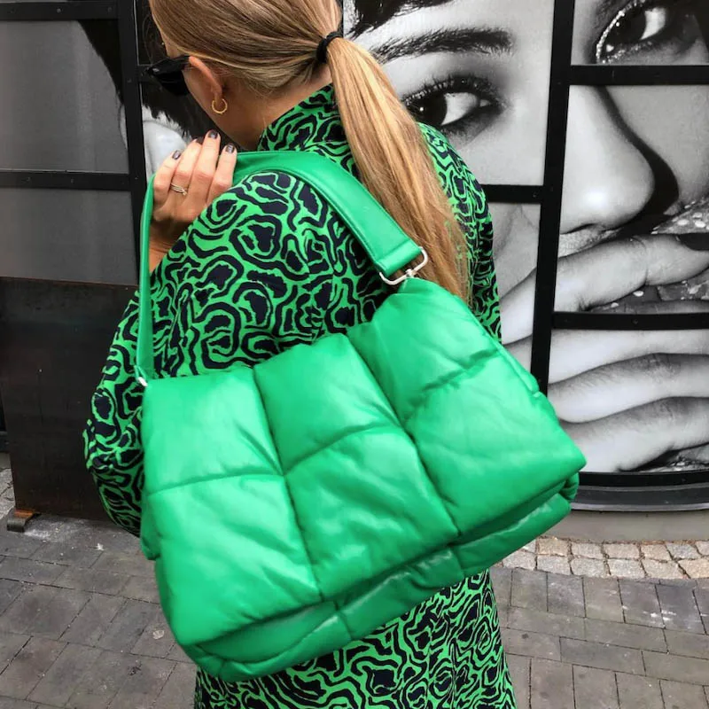 

Women Soft Leather Shoulder Bag Trendy Space Pad Down Handbag 2021 Autumn Winter New Underarm Tote Bags Female Luxury Clutch Bag