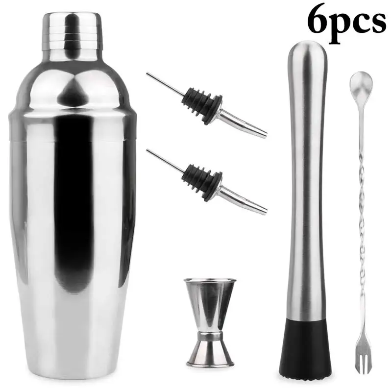 

6PCS Steel Cocktail Shaker Mixer Wine Martini Boston Shaker For Bartender Drink Party Bar Tools 750ML Mixing spoon Bottle pourer