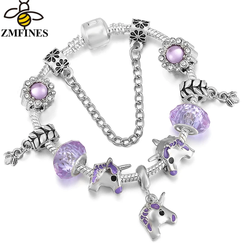 

2021 Trend Silver Color Unicorn Pendant Charm Bracelet Purple Glass Beads Bracelets For Women Kids Jewelry Pulseras Dropshipping