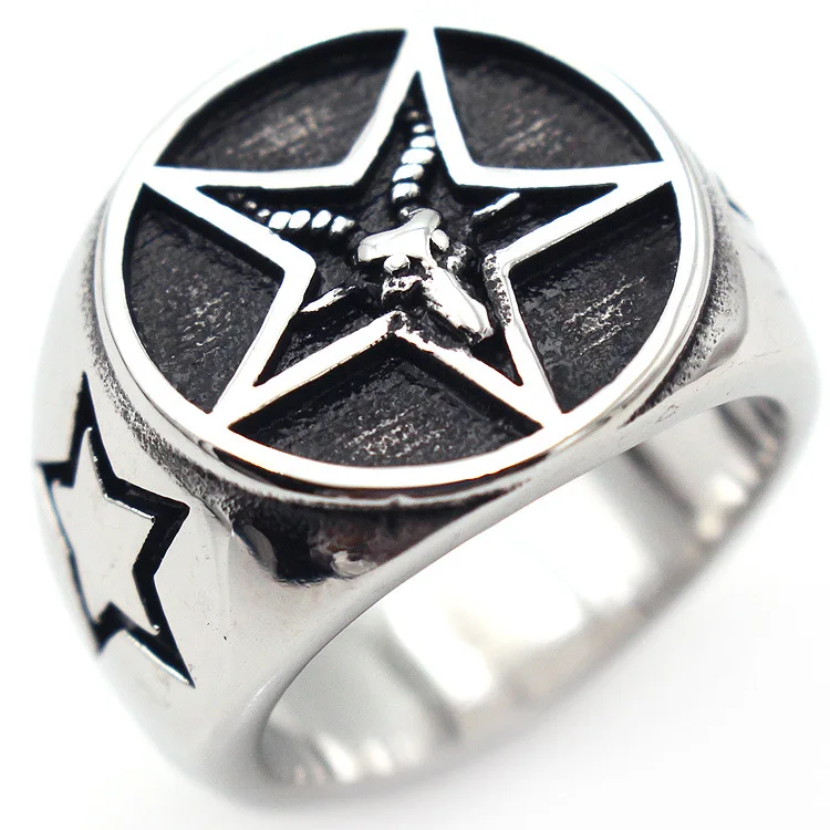 

BAECYT Retro Personality Pentagram Five-Star Goat Rings Stainless Steel Gothic Punk Minimalist Signet Ring Men's Jewelry Gifts