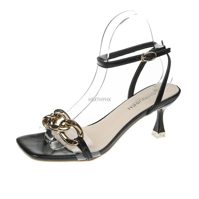 

Women's High Heel Sandals Fashion Square Toe Metal Chain Strap Outdoor Buckle Strap Sandalias Femeni Shose Women