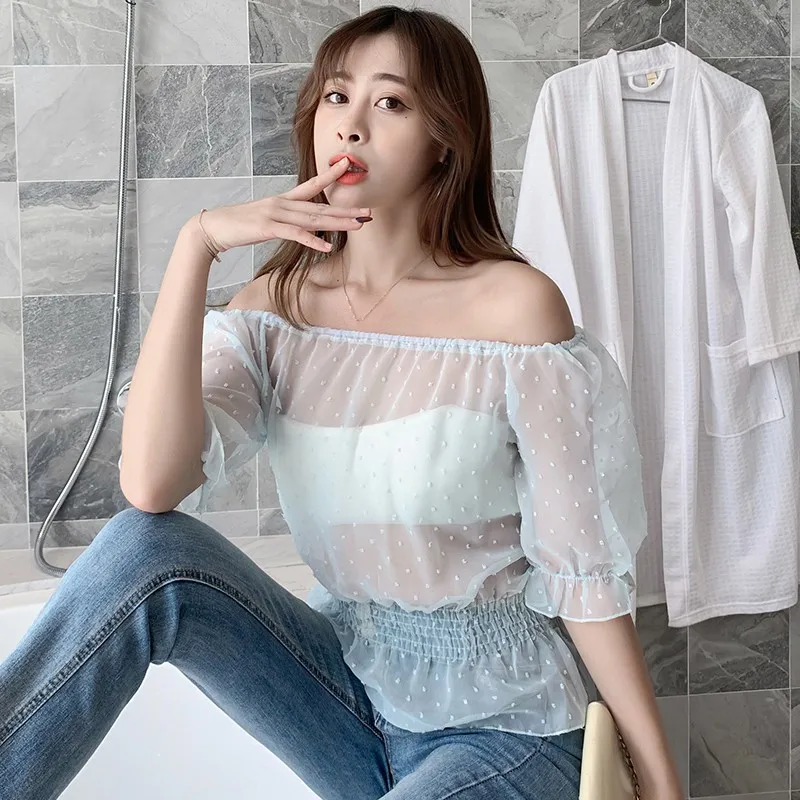 

Sexy Transparent Thin Women Blouses Summer Slash-Neck Mesh Puff Sleeve Off-Shoulder Shirt Korean Style Polka Dot Tops