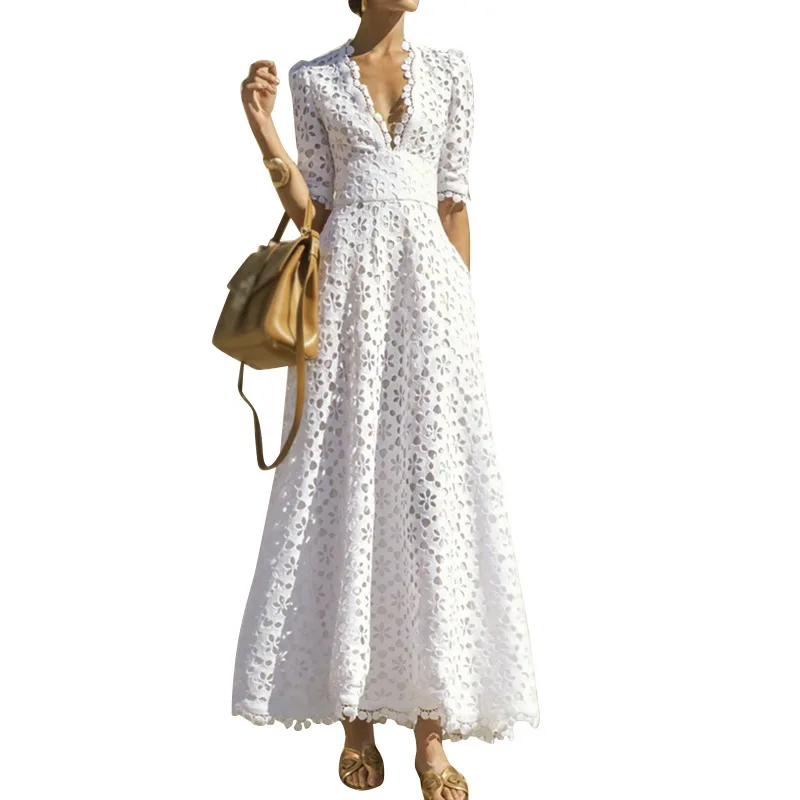 

Hollow Out Cotton Long Dress High Waist Fashion Deep V neck Half Sleeve Holiday Style Maxi Dresses White New Vestidos