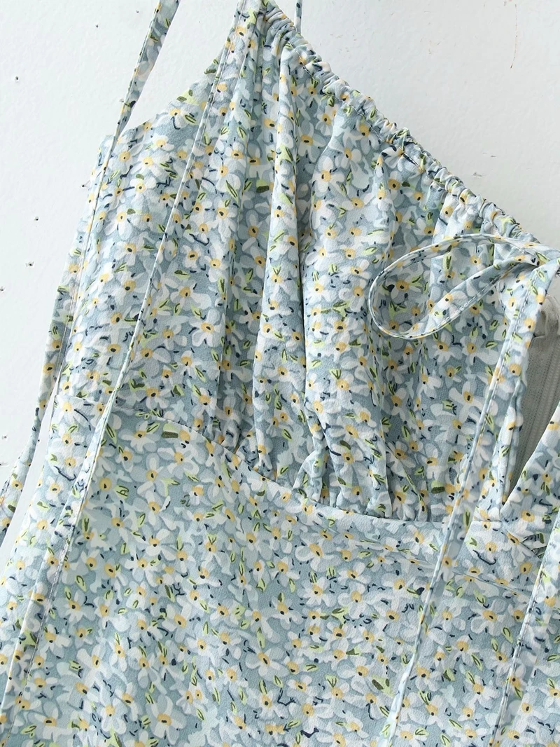 

Women Sexy Style Dress Floral Pattern Sleeveless Backless Knee-length Spaghetti Strap Square Collar Side Split Wrap Chest Summer