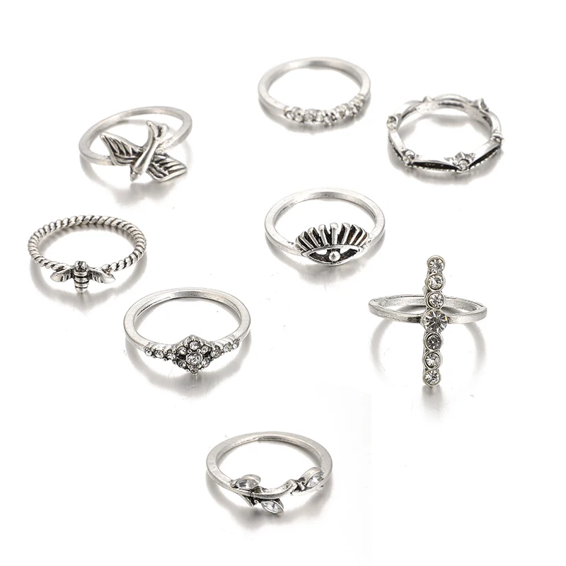 docona 9pcs/1set Retro Silver Color Bird Eye Bee Leaf Knuckle Ring Set for Women Girl Crystal Carving Geometric Rings 5344 | Украшения и