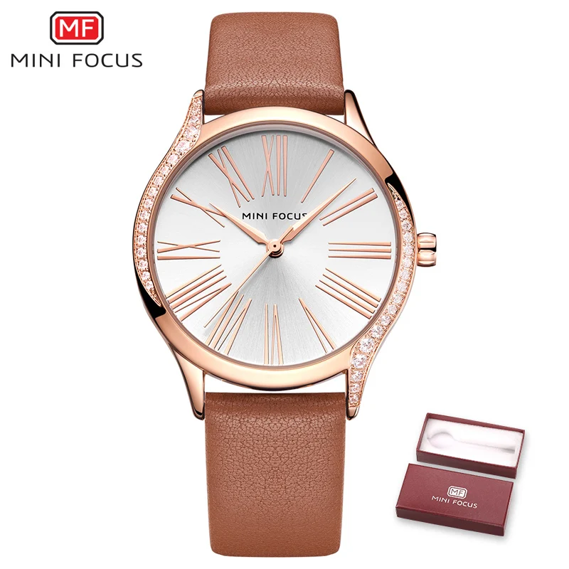 BOX BROWN RG MINIFOCUS, классические, элегантные, синие, кожаные, женские часы, Iced Out, кварцевые, женские часы, водонепроницаемые, простой дизайн, модные, женские часы - Цвет: BOX BROWN RG