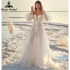 ТРАПЕЦИЕВИДНОЕ пляжное сказочное свадебное платье принцессы Бохо с длинными пышными рукавами на бретельках с 3D цветочным кружевом с открытой спиной платье для невесты 2022
