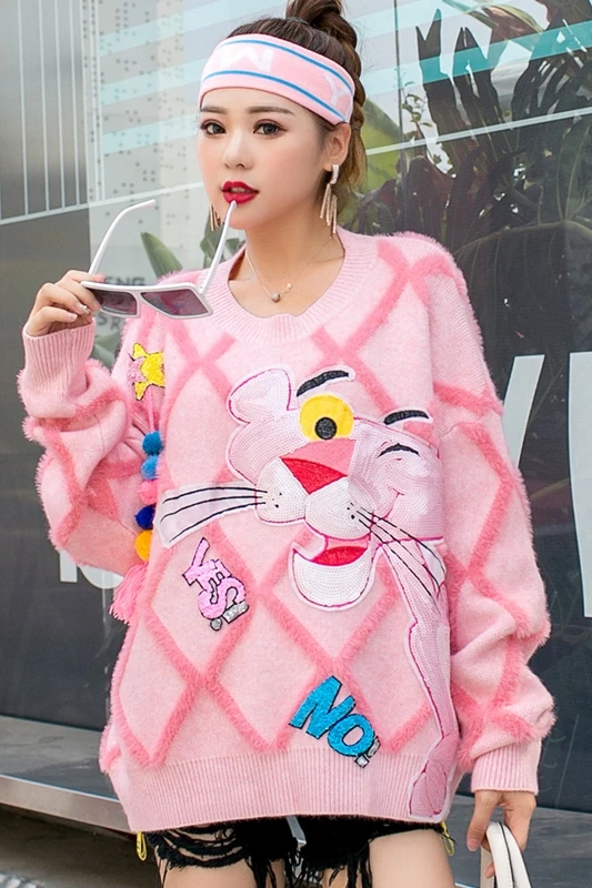 

Thailand Tide Brand Ladies Knitted Sweater Pink Sweater Female Cartoon Sequined Net Infrared Wear Loose Tassel Sweater