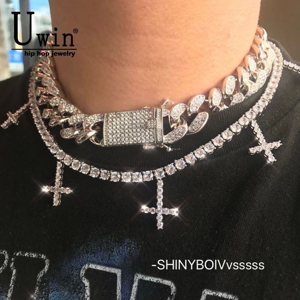 Цепи для тенниса Uwin с крестом, кулон с фианитом, ожерелье шириной 5 мм, модные ювелирные украшения для мужчин и женщин Цепи для тенниса Uwin с крестом, кулон с фианитом, ожерелье шириной 5 мм, модные ювелирные украшения для мужчин и женщин