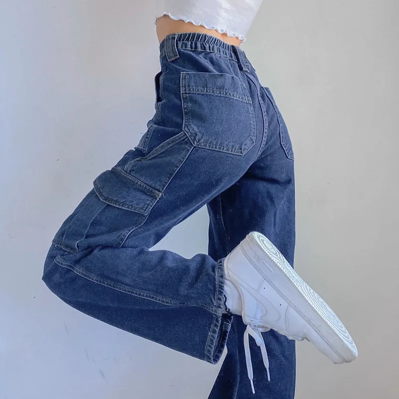 

Casual Pants Autumn / Winter 2020 Cross Border Women's New Fashion Stitching Pocket High Waist Work Clothes Hip Hop Jeans