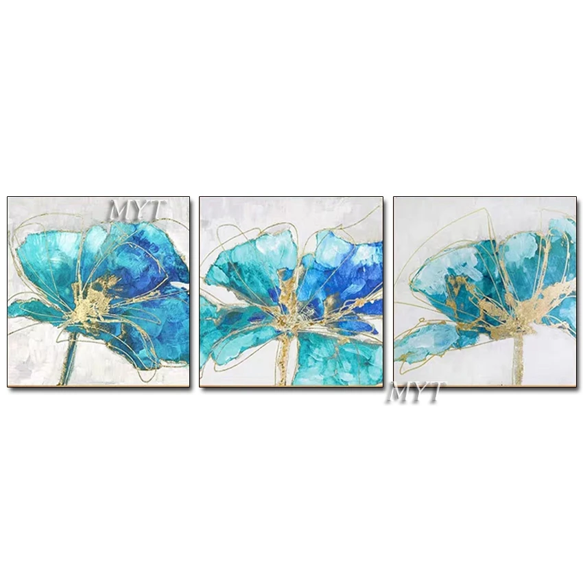 Hand-painted 3 Panels Flower Gold Foil Oil Painting Triptych Canvas Floral Wall Art Decorative Pieces Paintings For Hotel Deco | Дом и сад